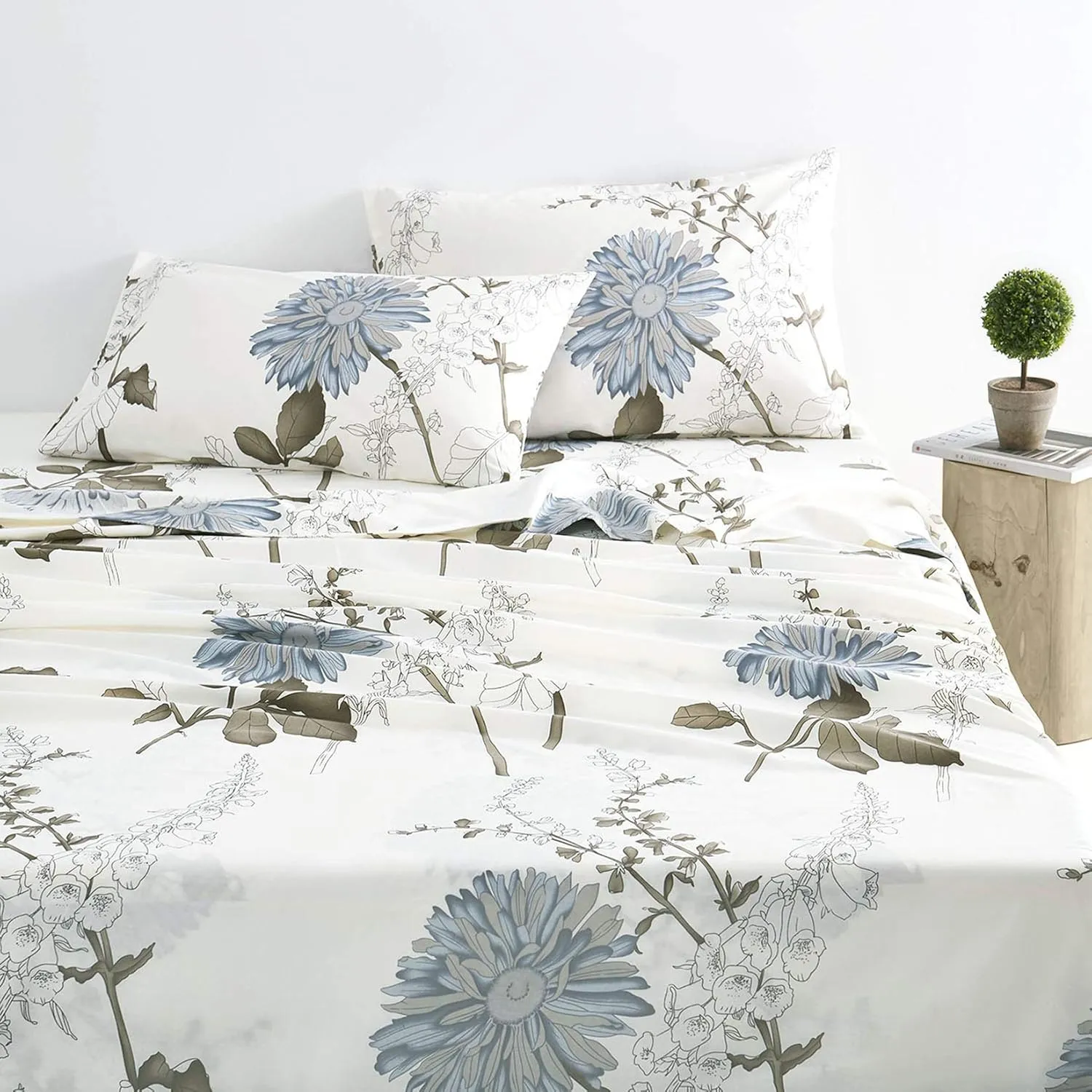 - Floral Sheet Set, Botanical Flowers Pattern Printed, Soft Microfiber Bedding