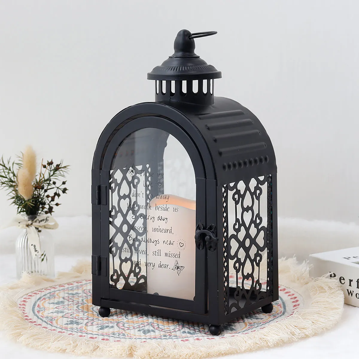 11''High Remembrance Lantern with Timer Candle Bereavement Sympathy Gift Memorial Lantern (Black)