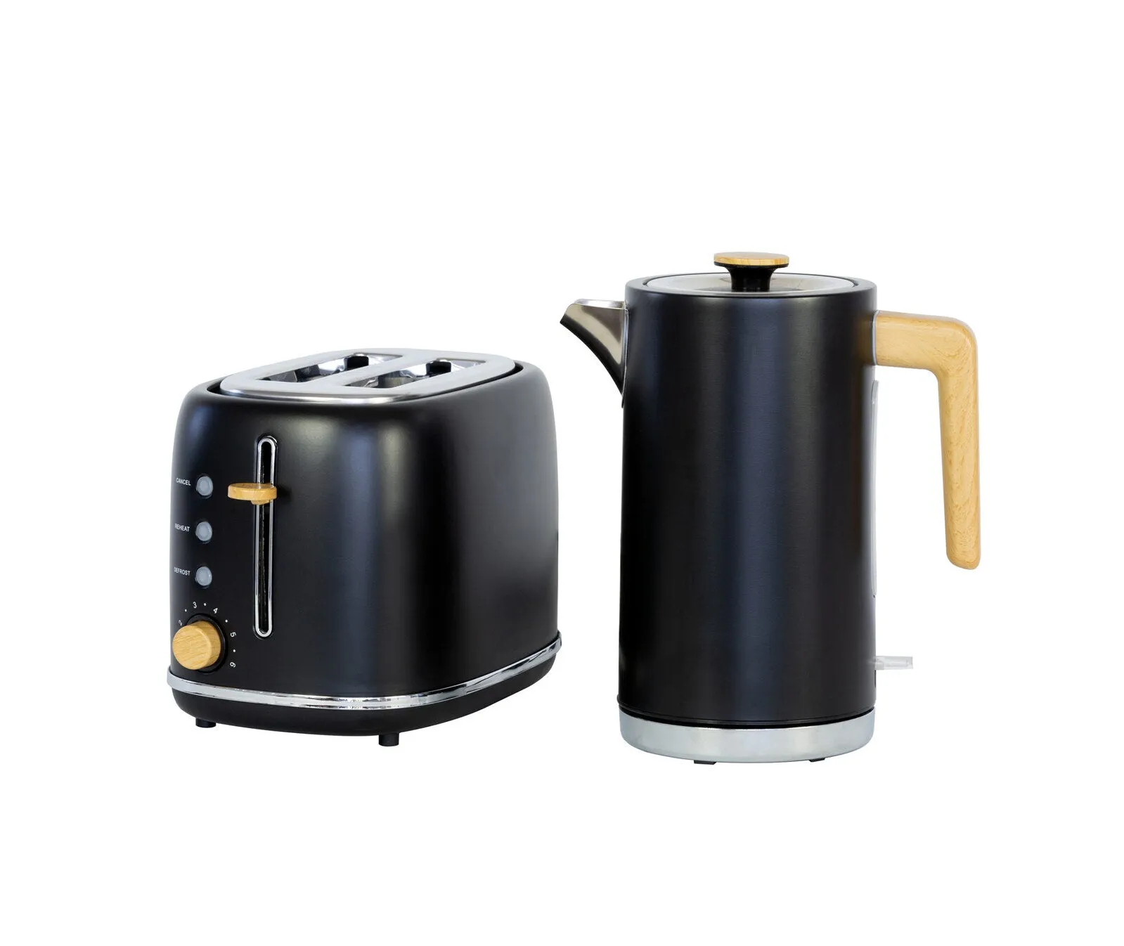 1.7L Kitchen Kettle and 2-Slice Bread Toaster Set with Wood Accents - Black