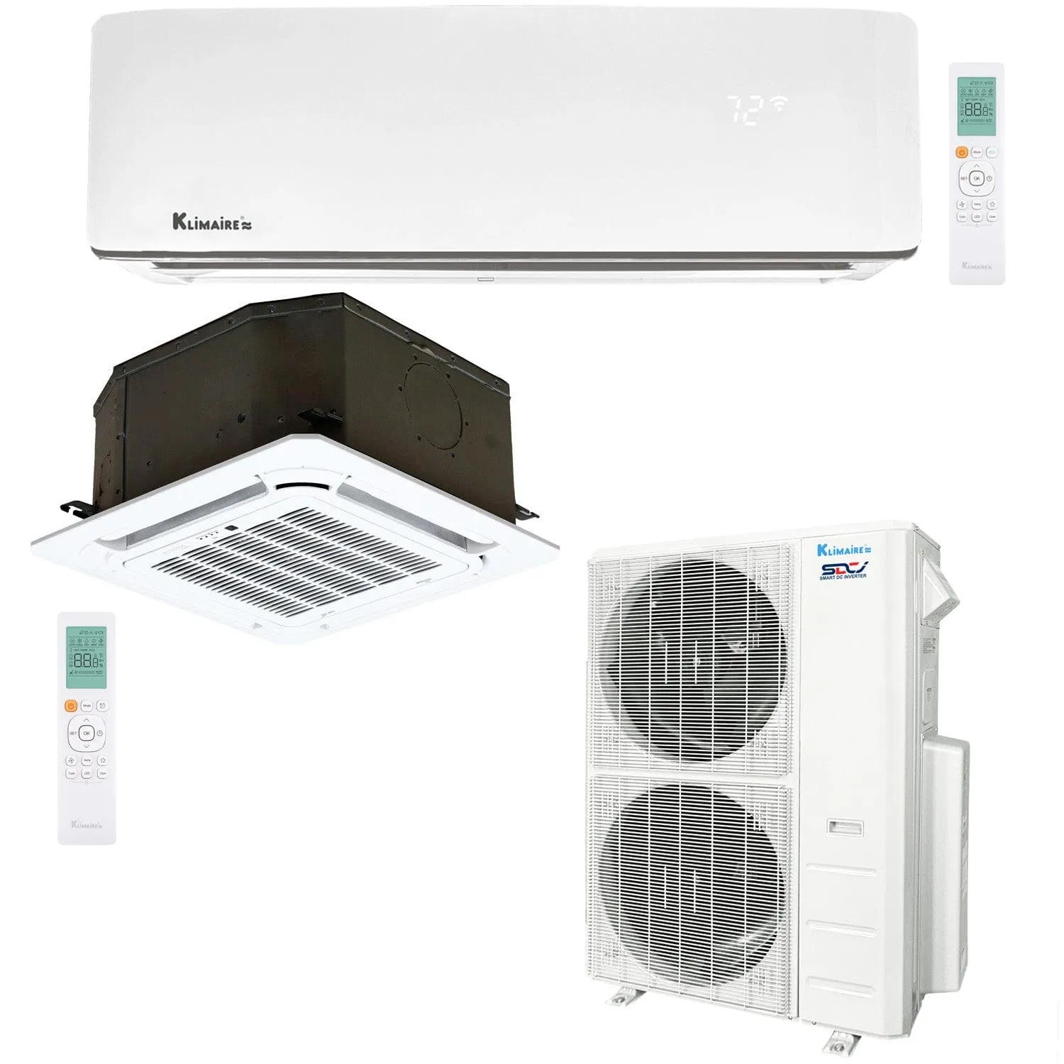 2-Zone Klimaire 21.1 SEER2 Multi Split Ceiling Cassette Wall Mount Air Conditioner Heat Pump System 12 24