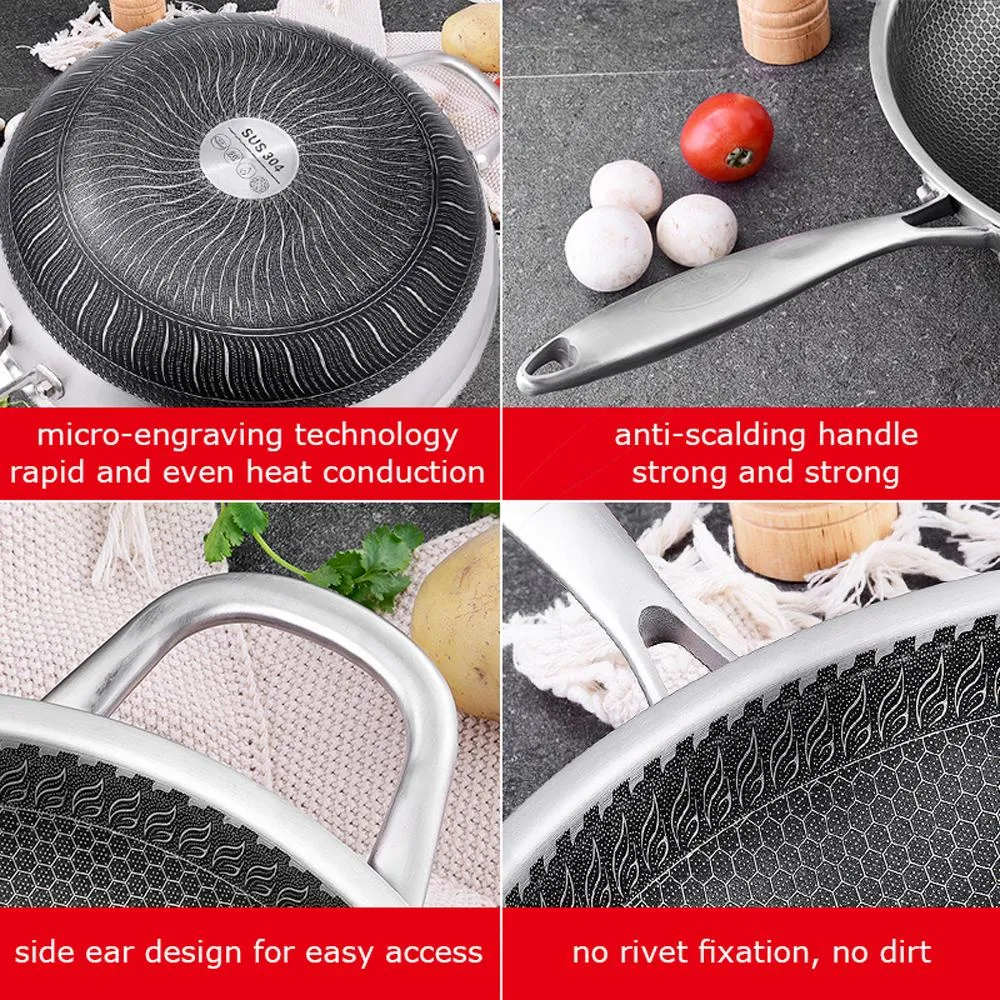 316 Stainless Steel Non-Stick Stir Fry Cooking Kitchen Honeycomb Wok Pan 34cm