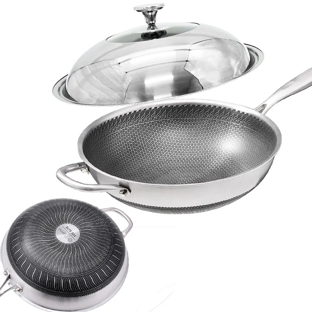 316 Stainless Steel Non-Stick Stir Fry Cooking Kitchen Honeycomb Wok Pan 34cm