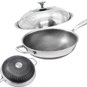 316 Stainless Steel Non-Stick Stir Fry Cooking Kitchen Honeycomb Wok Pan 34cm