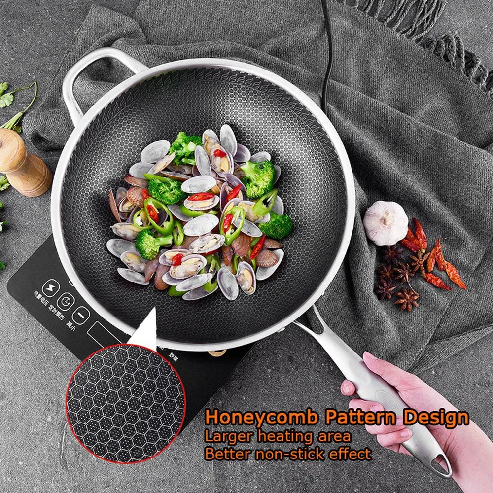 316 Stainless Steel Non-Stick Stir Fry Cooking Kitchen Honeycomb Wok Pan 34cm