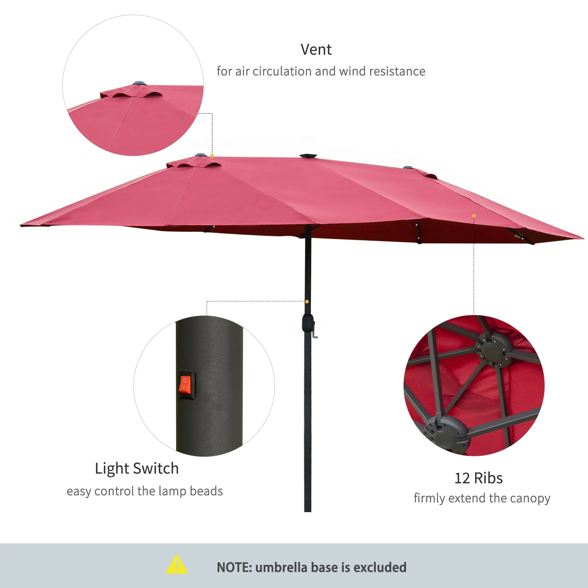 4.4m Double-Sided Sun Umbrella Garden Parasol Patio Sun Shade Outdoor with LED Solar Light, NO BASE INCLUDED, Wine Red