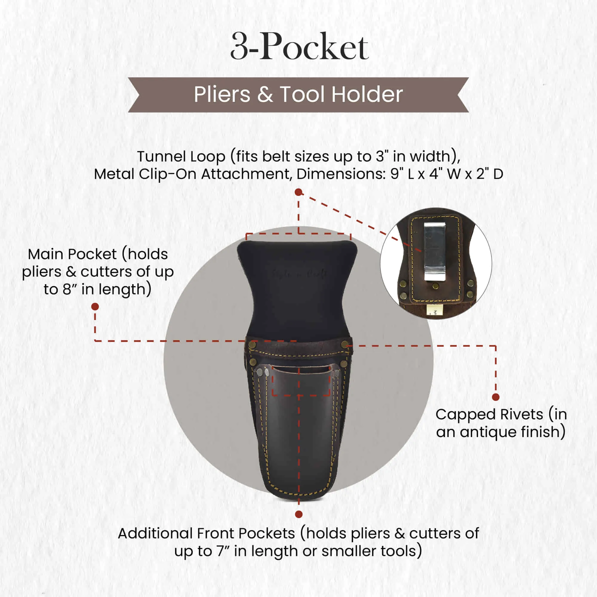 70009 - 3 Pocket Pliers & Tool Holder in Full Grain Oiled Leather | Style n Craft