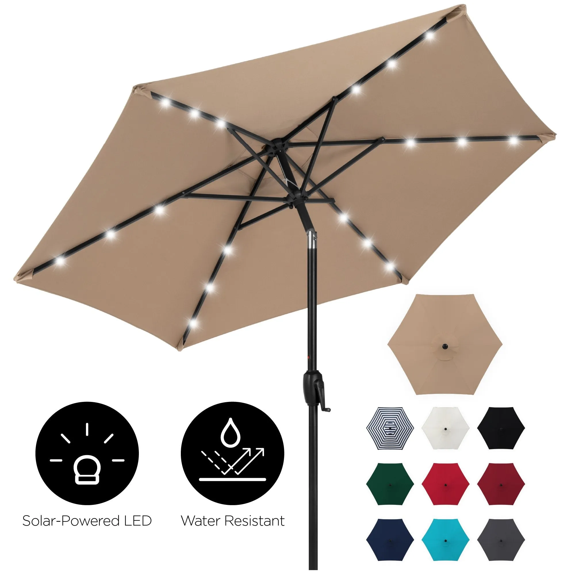 7.5ft Outdoor Solar Patio Umbrella w/ Push Button Tilt, Crank Lift