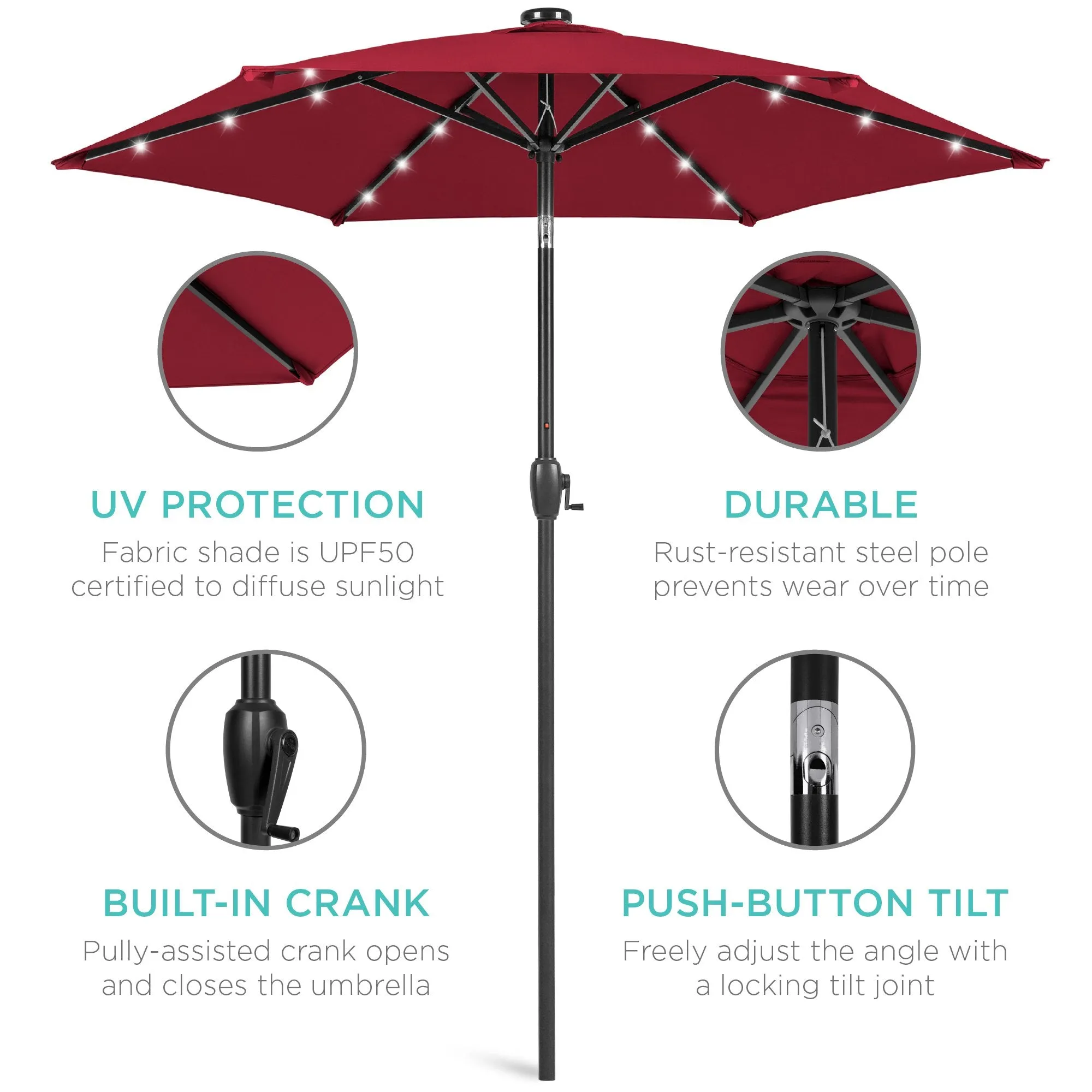 7.5ft Outdoor Solar Patio Umbrella w/ Push Button Tilt, Crank Lift