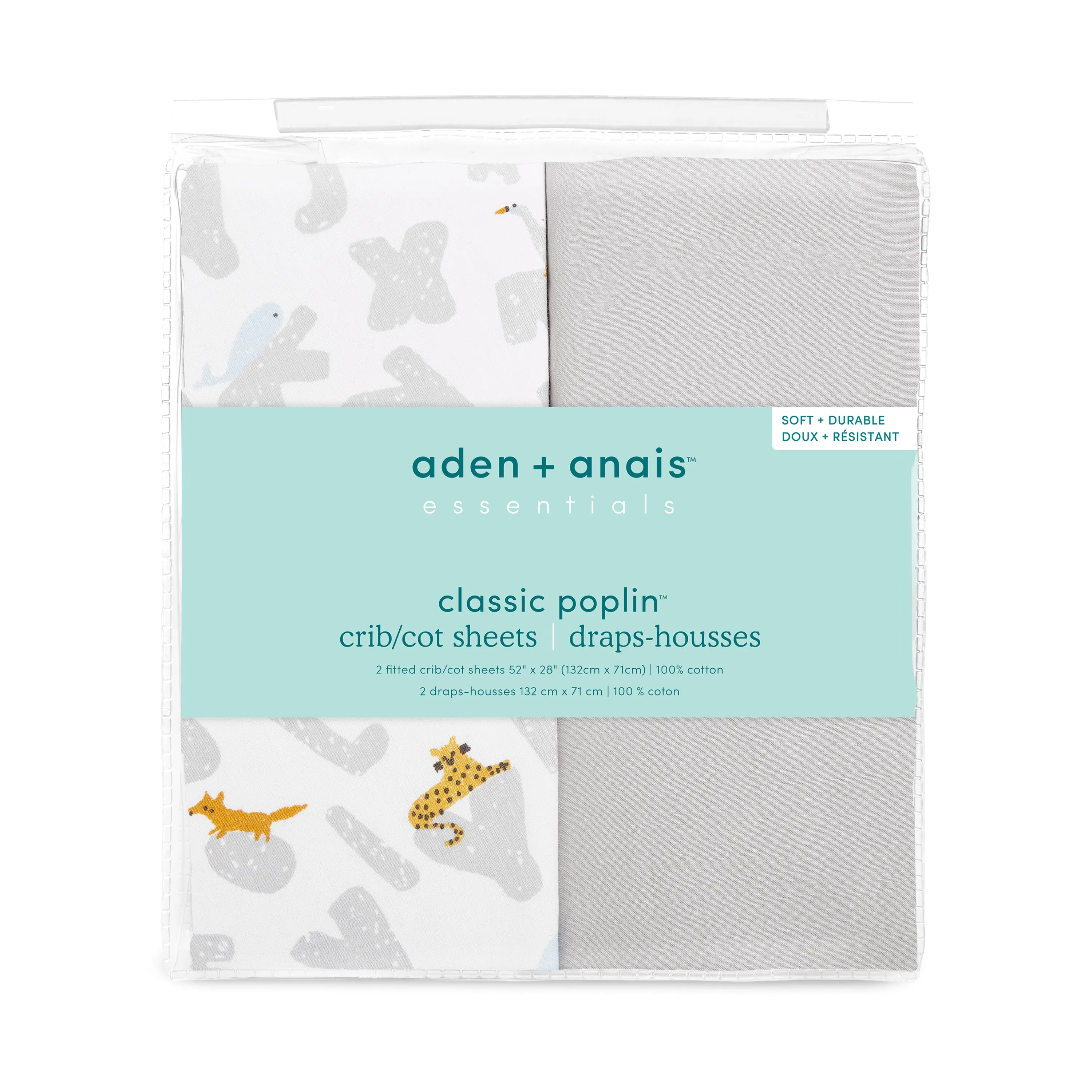 aden   anais Cotton Poplin Crib Sheets 2 pack Alphabet Animals Grey