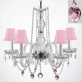 Authentic Empress Crystal(Tm) Chandelier With Crystal Hearts And Pink Shades H25" X W24" - G46-Pinkshades/B21/384/5