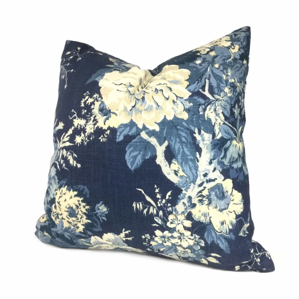 Ballad Bouquet Indigo Blue Cream Floral Print Pillow Cover