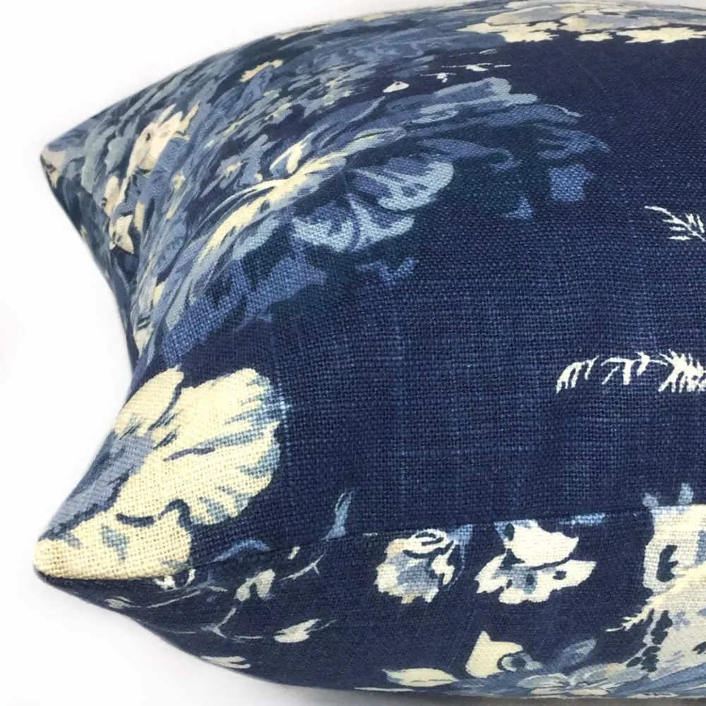 Ballad Bouquet Indigo Blue Cream Floral Print Pillow Cover