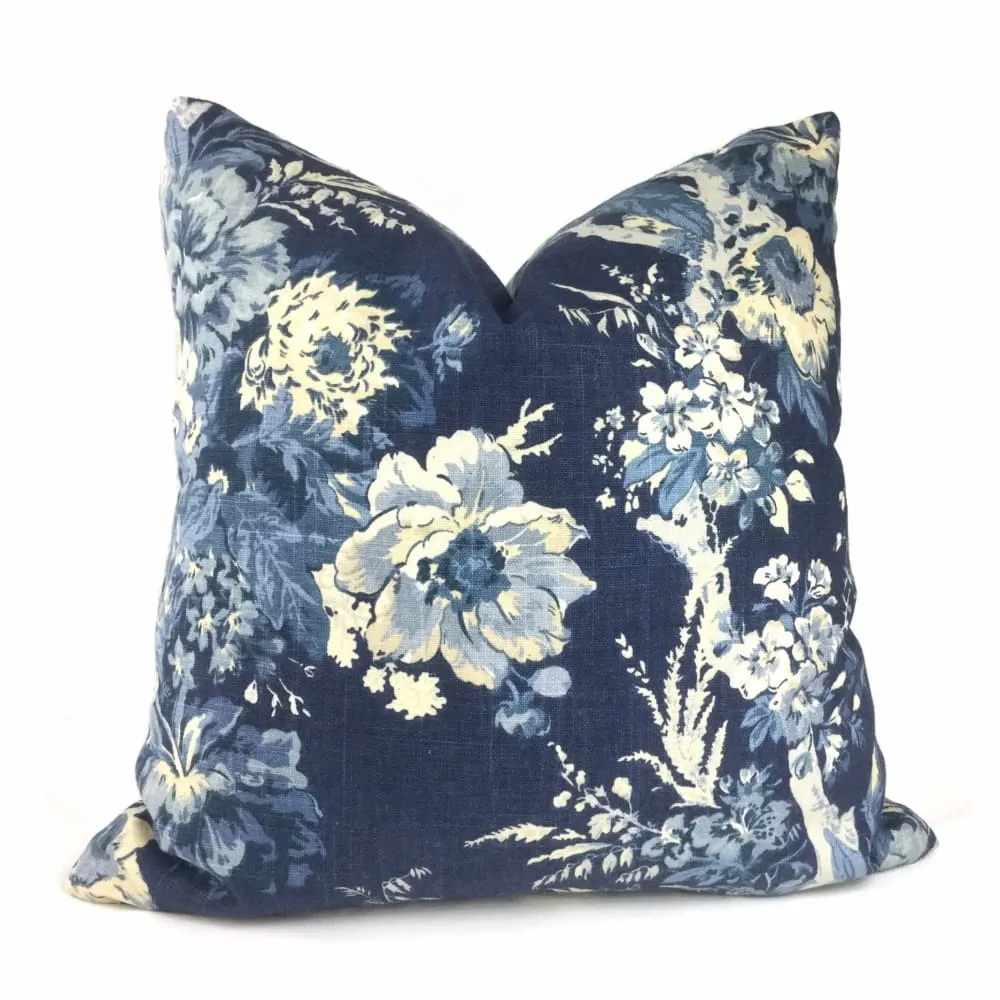 Ballad Bouquet Indigo Blue Cream Floral Print Pillow Cover