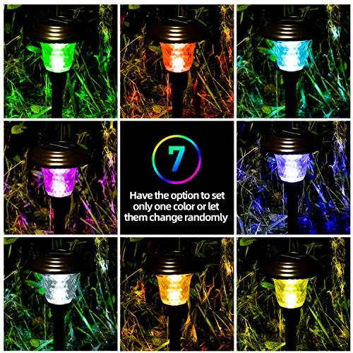 BEAU JARDIN 8 Pack Solar Lights with 7 Color Changing Pathway Outdoor Garden Stake Glass Stainless Steel Bronze BG292