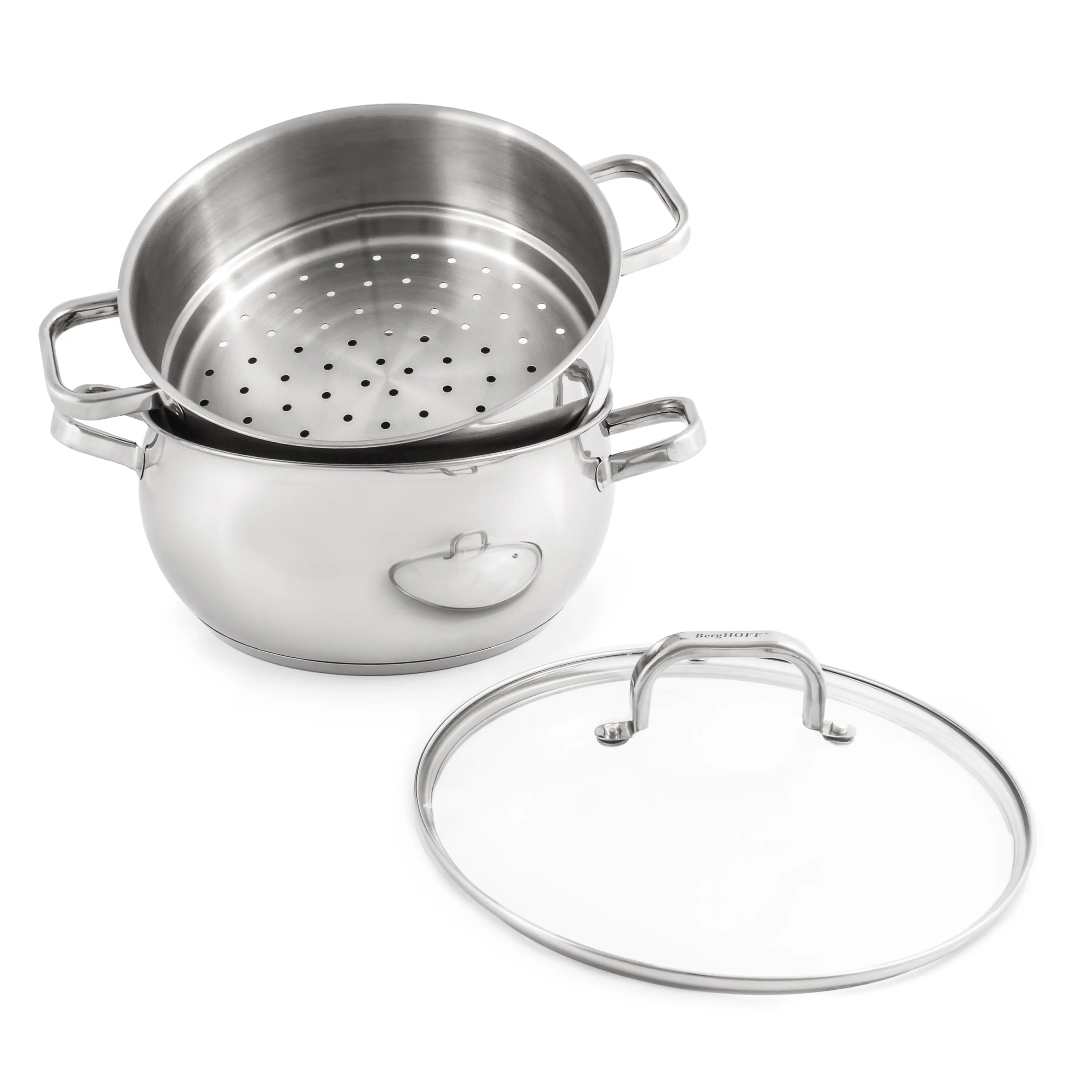 BergHOFF Belly Shape 3pc 18/10 Stainless Steel Steamer Set with Glass Lid