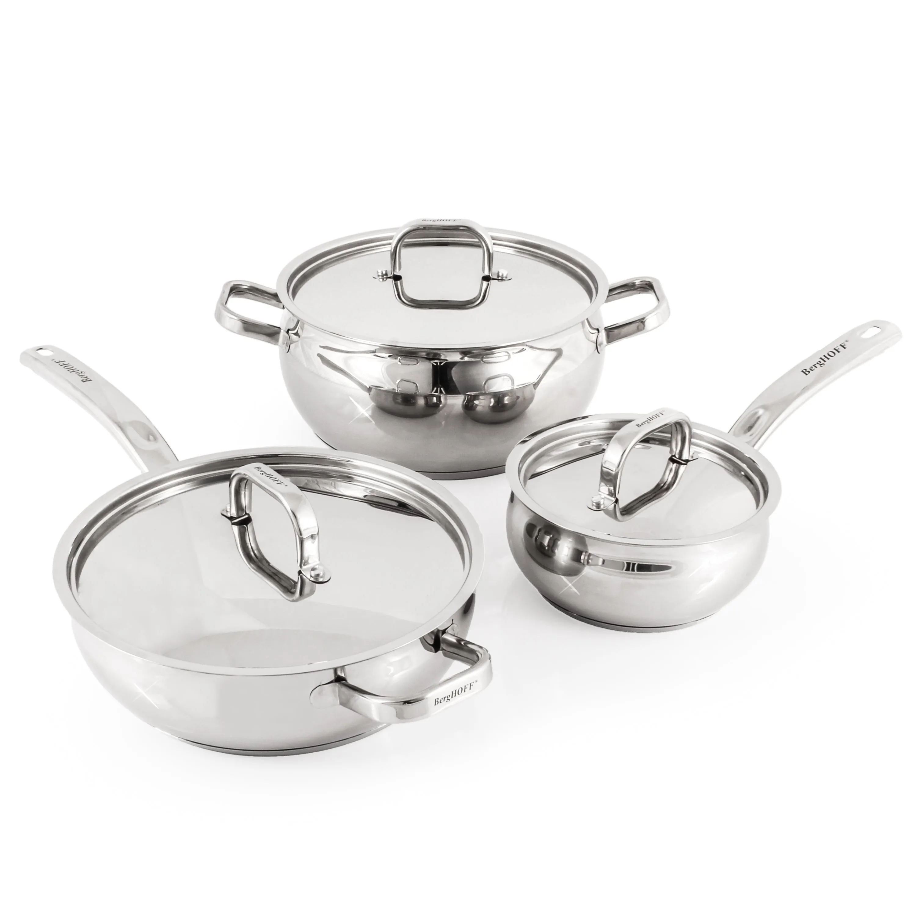 BergHOFF Belly Shape 6pc 18/10 Stainless Steel Cookware Set with SS Lids