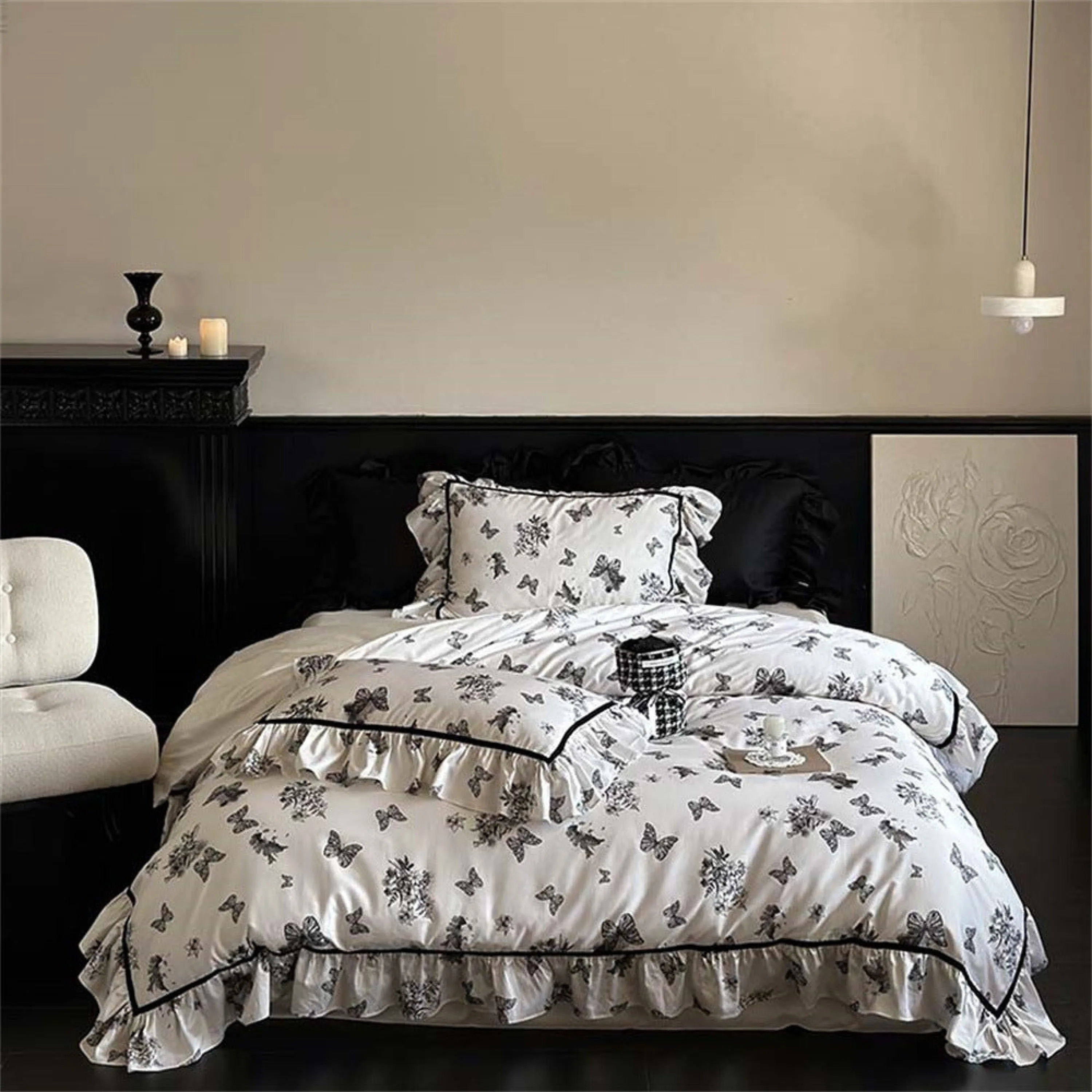 Black & White Butterfly French Ruffle Bedding Bundle