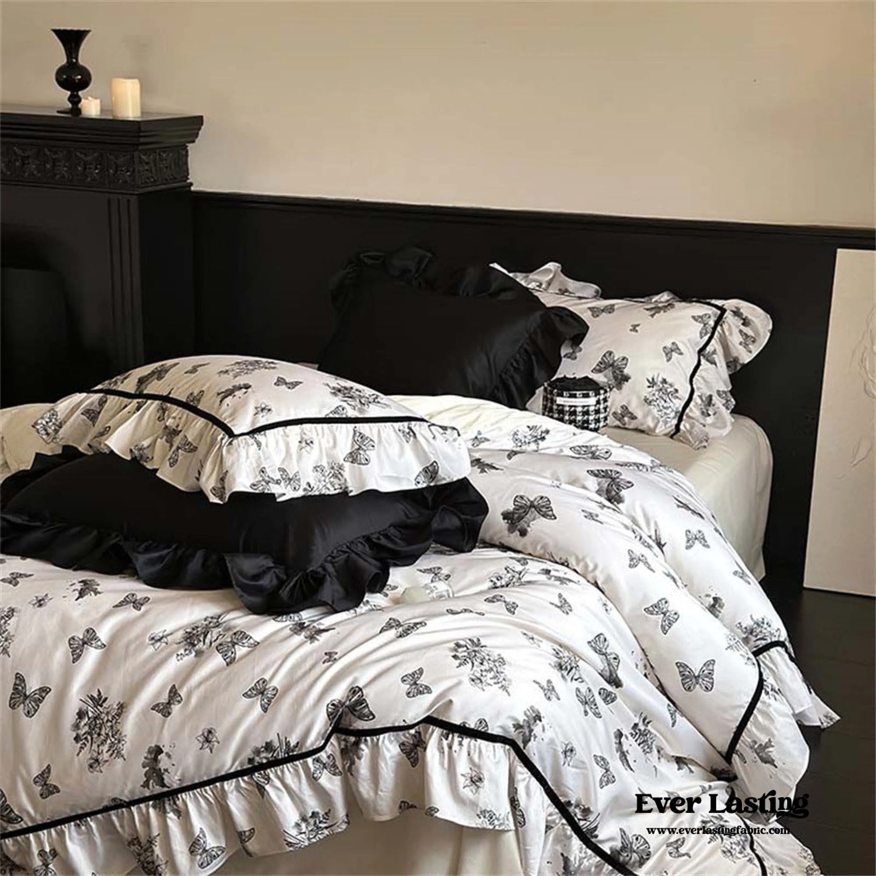 Black & White Butterfly French Ruffle Bedding Bundle