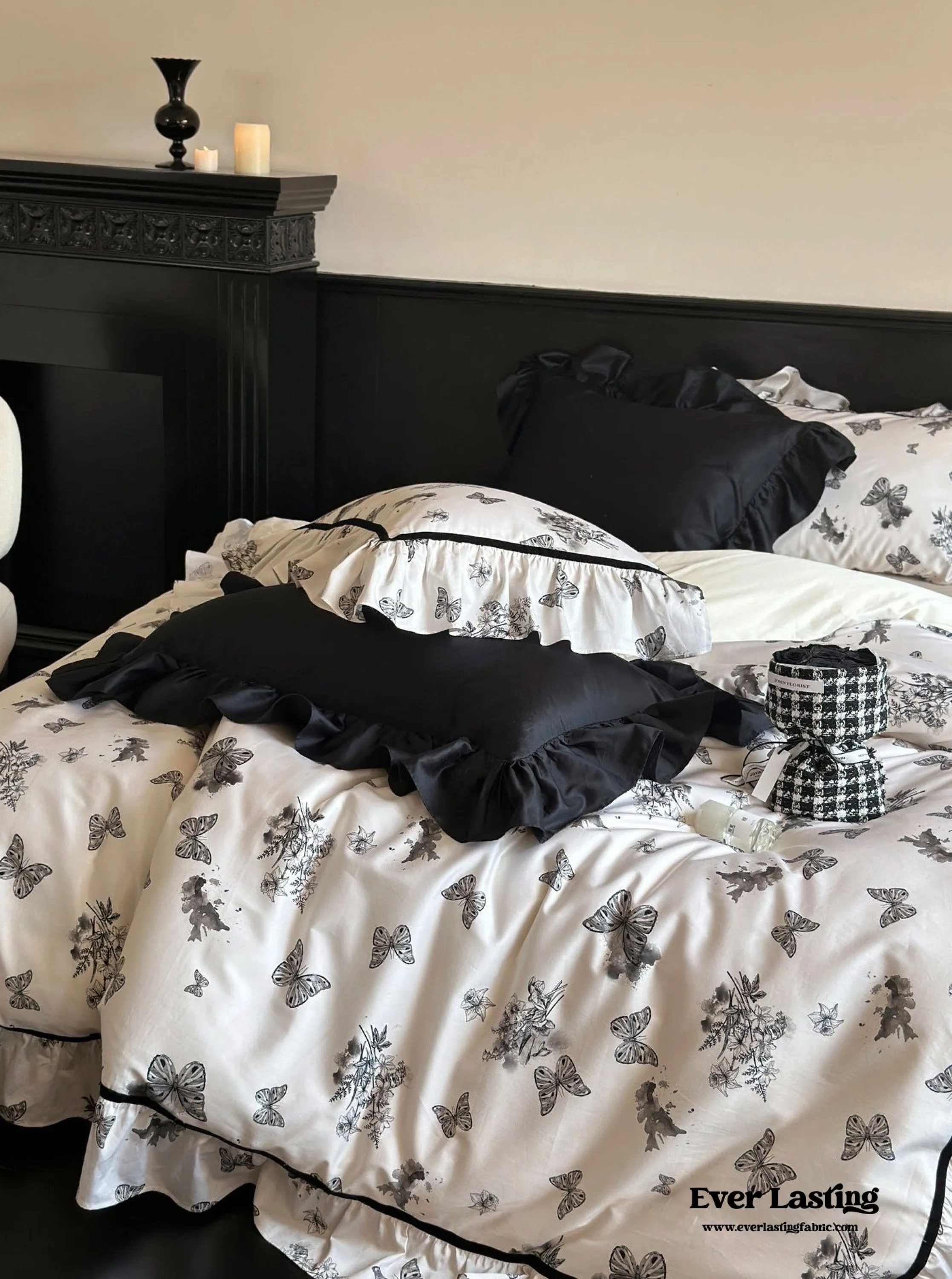 Black & White Butterfly French Ruffle Bedding Bundle