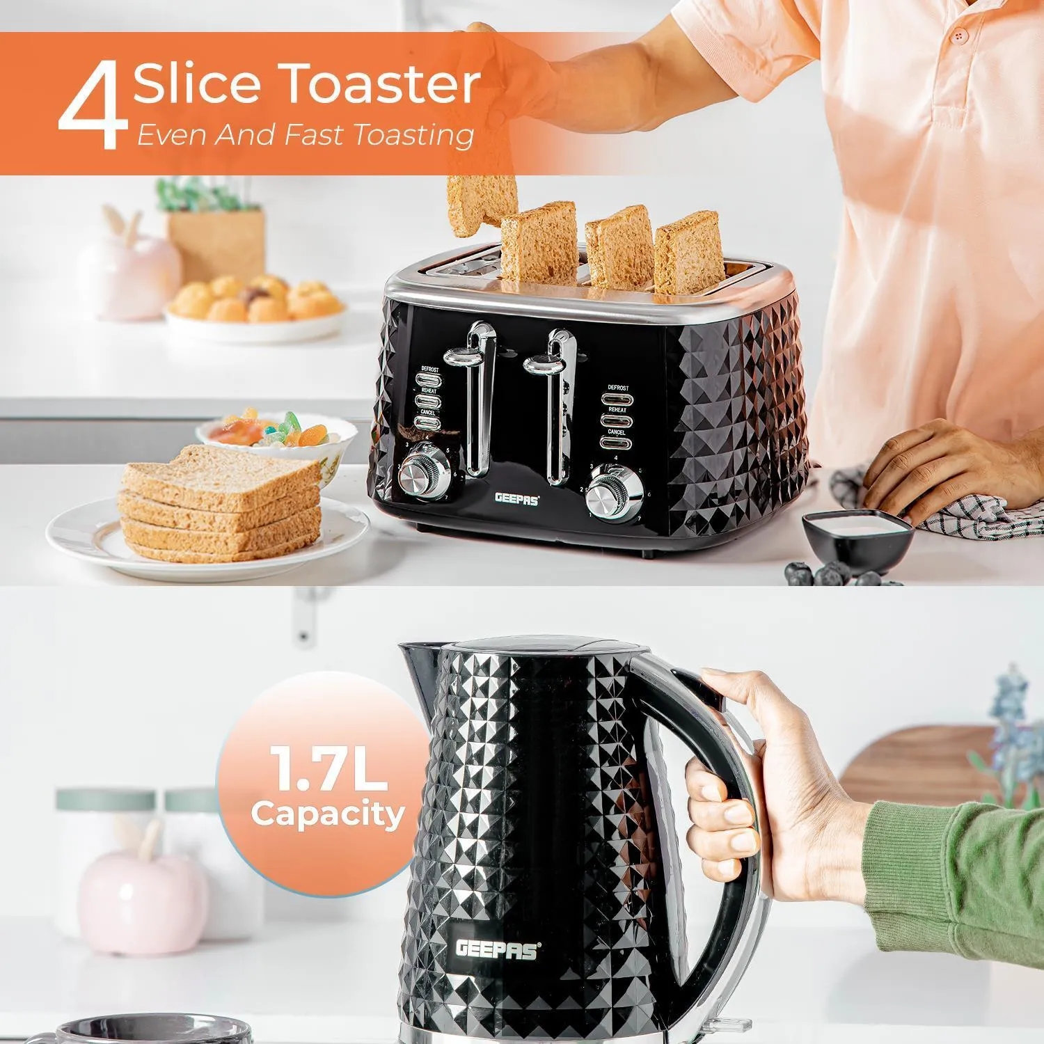 Black 'Diamond' 4 Slice Toaster & 1.7L Cordless Kettle Set