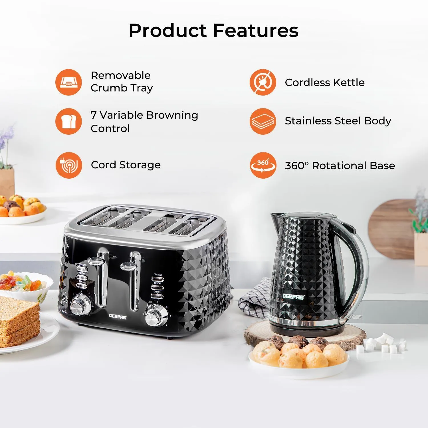 Black 'Diamond' 4 Slice Toaster & 1.7L Cordless Kettle Set