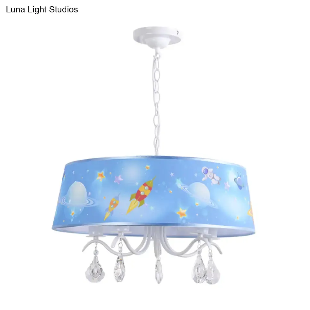 Blue Creative Planet & Rocket Hanging Pendant Chandelier with Clear Crystal for Baby Room