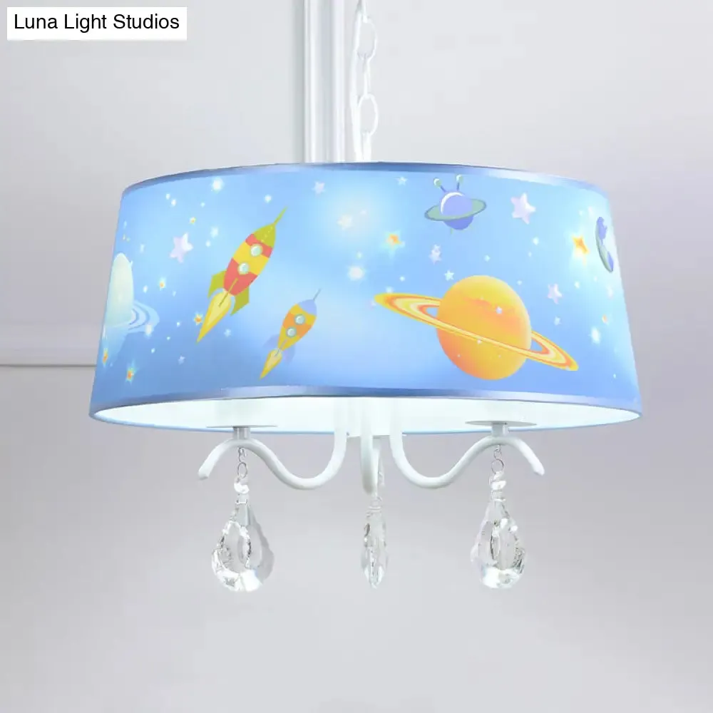 Blue Creative Planet & Rocket Hanging Pendant Chandelier with Clear Crystal for Baby Room