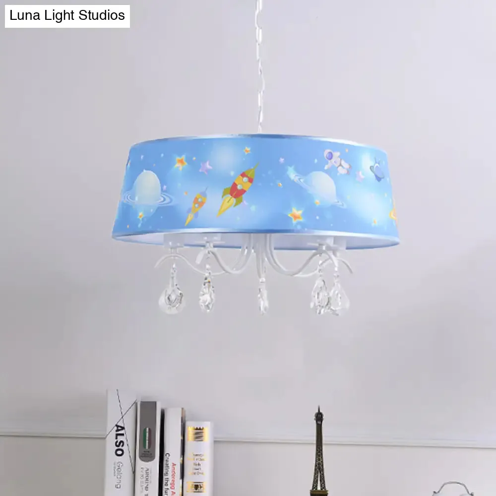 Blue Creative Planet & Rocket Hanging Pendant Chandelier with Clear Crystal for Baby Room