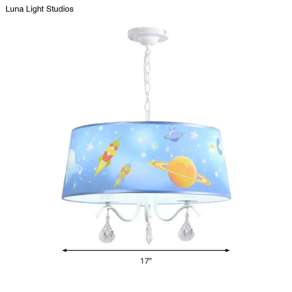 Blue Creative Planet & Rocket Hanging Pendant Chandelier with Clear Crystal for Baby Room