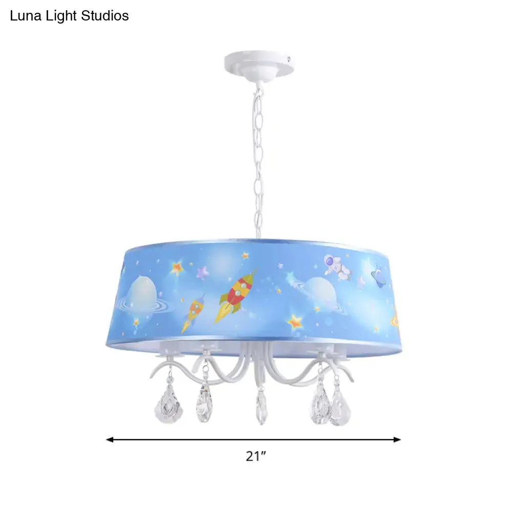 Blue Creative Planet & Rocket Hanging Pendant Chandelier with Clear Crystal for Baby Room