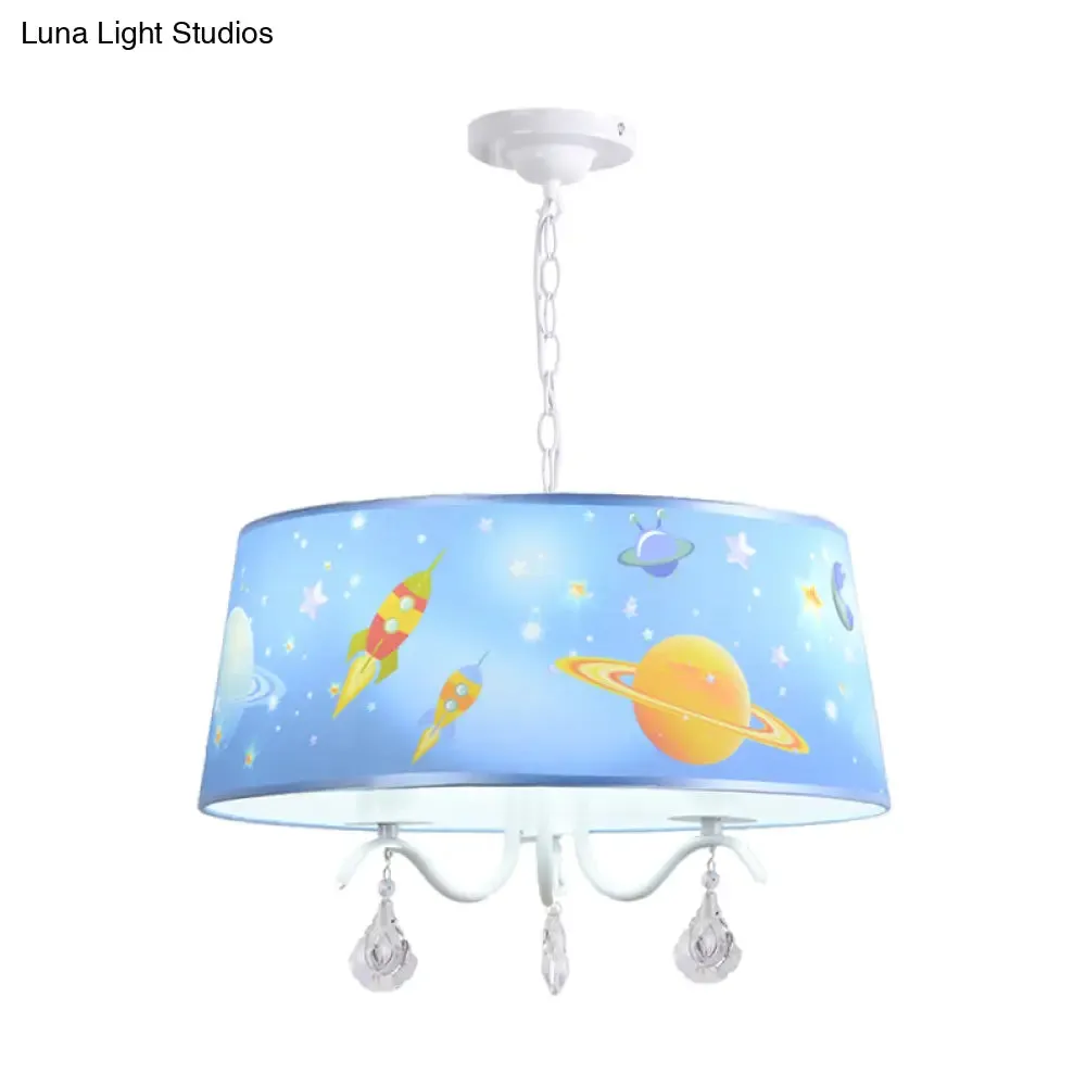 Blue Creative Planet & Rocket Hanging Pendant Chandelier with Clear Crystal for Baby Room