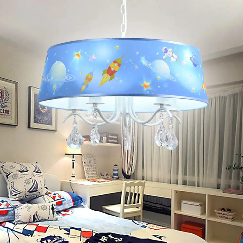 Blue Creative Planet & Rocket Hanging Pendant Chandelier with Clear Crystal for Baby Room