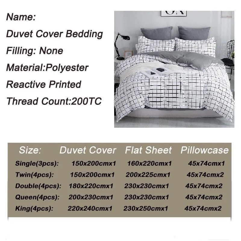 Bonenjoy Queen Size Bedding Set White Color Black Plaid Microfiber Reactive Printed King Size Bed Linen Sets For Bedroom Kit