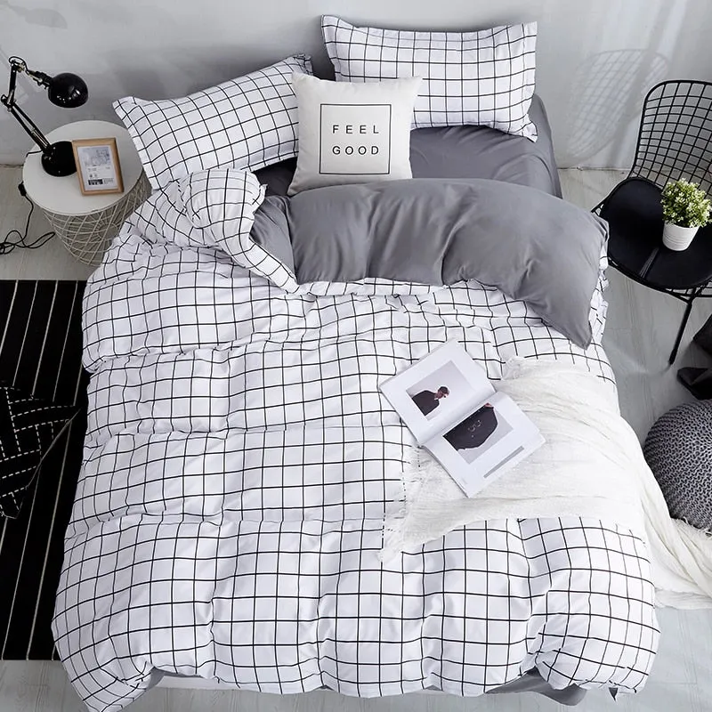 Bonenjoy Queen Size Bedding Set White Color Black Plaid Microfiber Reactive Printed King Size Bed Linen Sets For Bedroom Kit