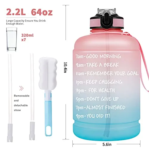 BOTTLE BOTTLE Large Half Gallon/64oz motivational Water Bottle with Straw& Handle (pink blue)