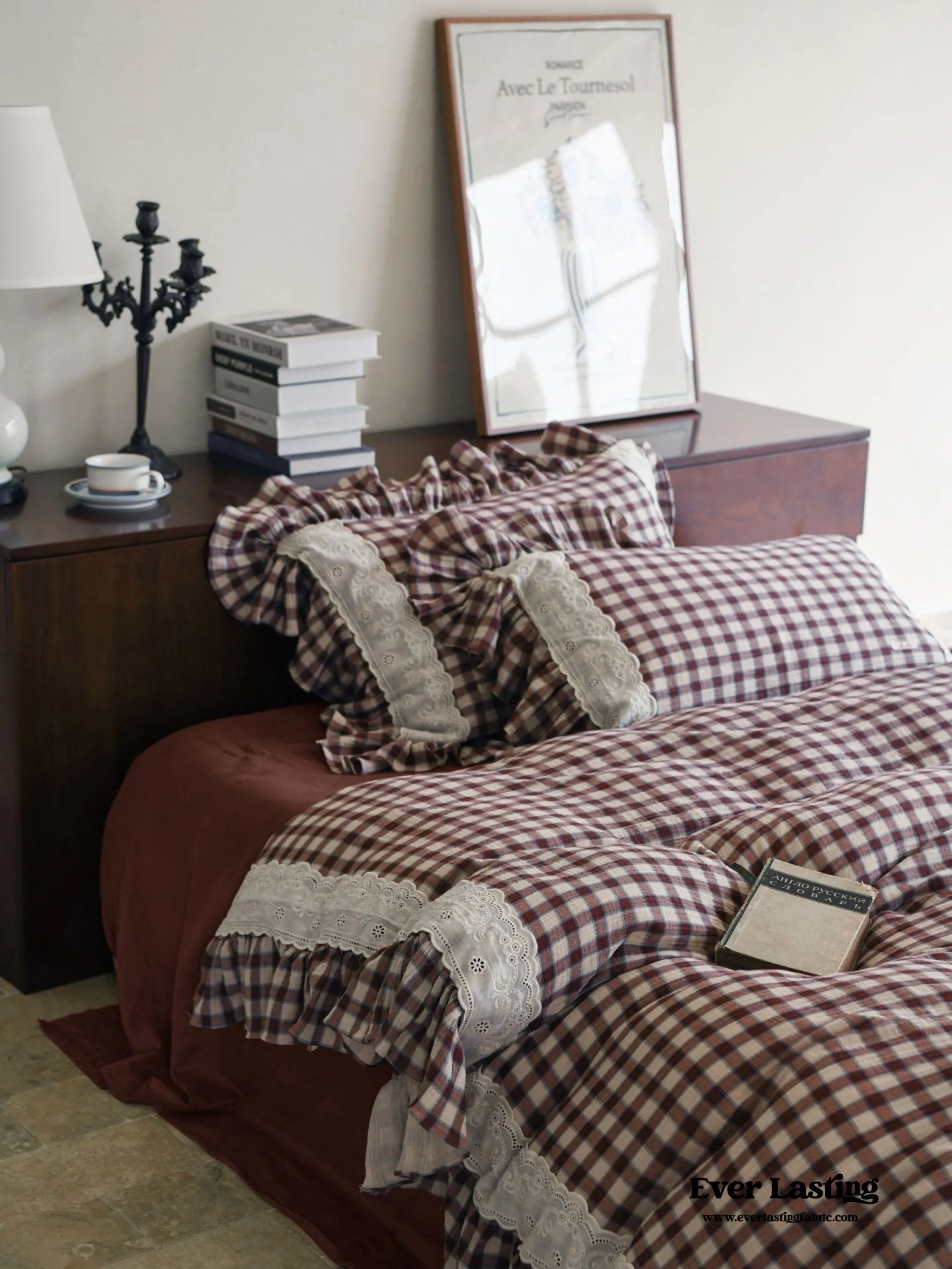 Burgundy Plaid Floral Ruffle Bedding Bundle