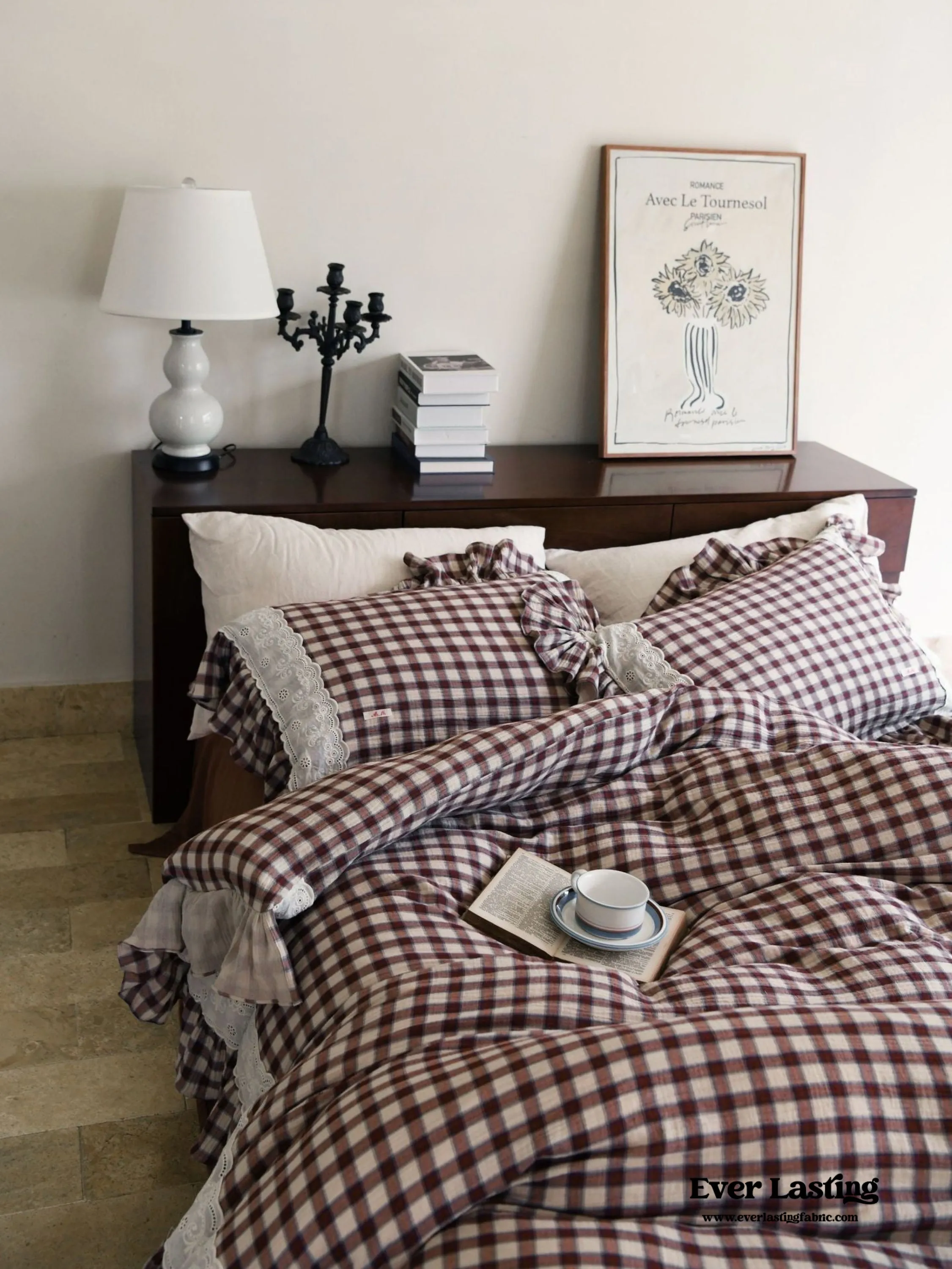 Burgundy Plaid Floral Ruffle Bedding Bundle