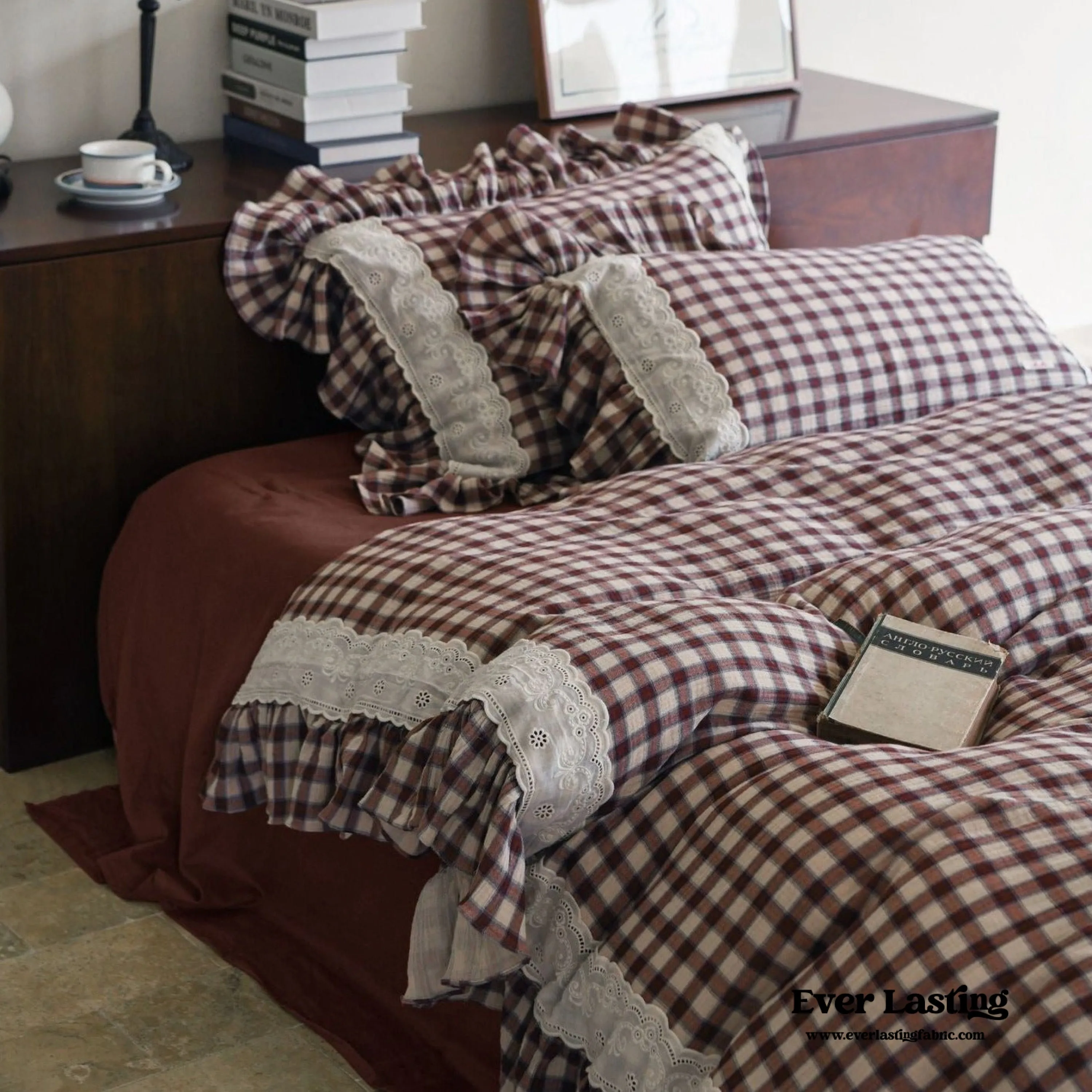 Burgundy Plaid Floral Ruffle Bedding Bundle