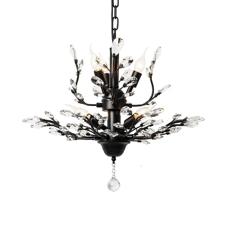 Candle Bare Bulb Metal Chandelier with Crystal Teardrops and Ball Finial