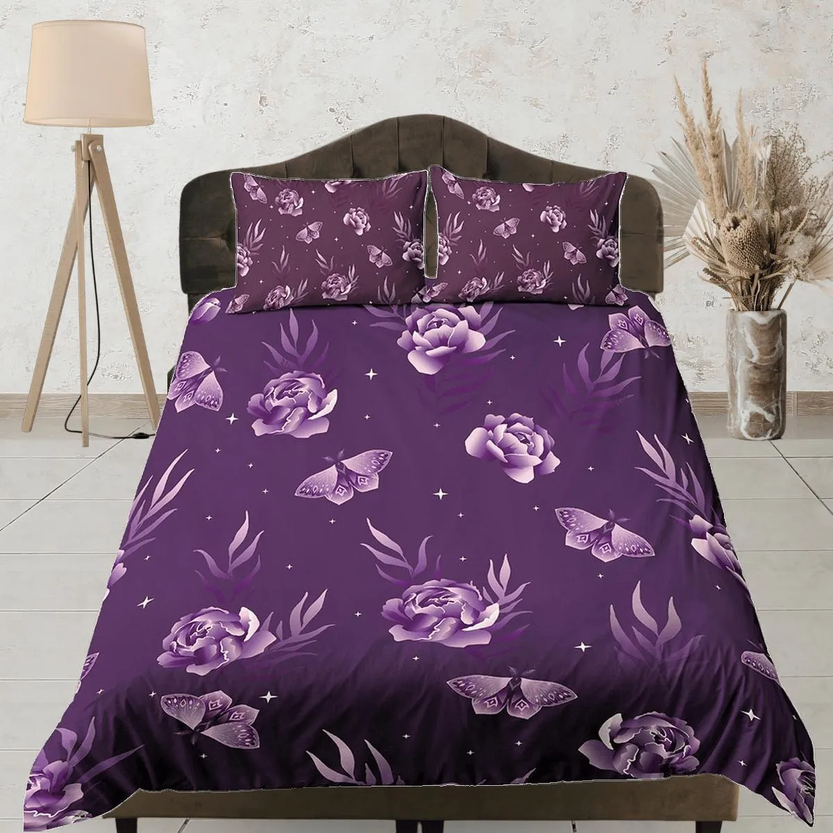 Celestial purple bedding luna moth, witchy decor dorm bedding, aesthetic duvet, boho bedding set full king queen, astrology gifts, gothic