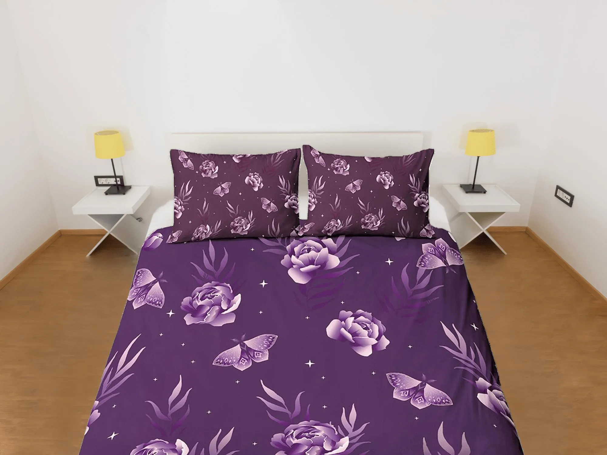 Celestial purple bedding luna moth, witchy decor dorm bedding, aesthetic duvet, boho bedding set full king queen, astrology gifts, gothic