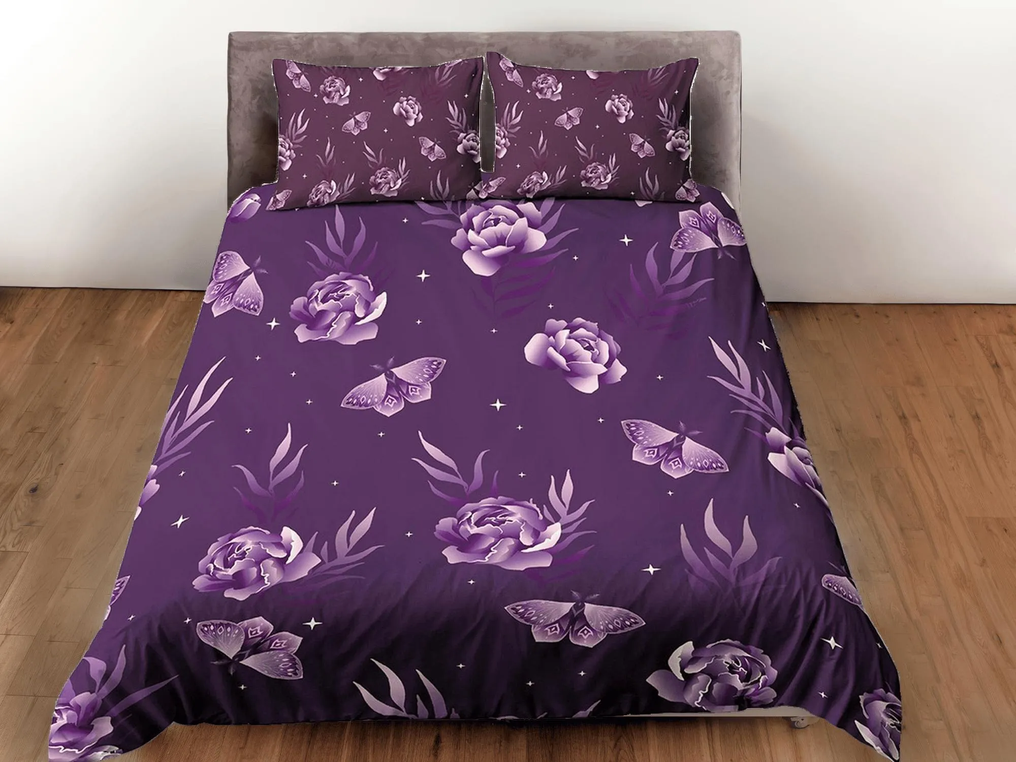 Celestial purple bedding luna moth, witchy decor dorm bedding, aesthetic duvet, boho bedding set full king queen, astrology gifts, gothic