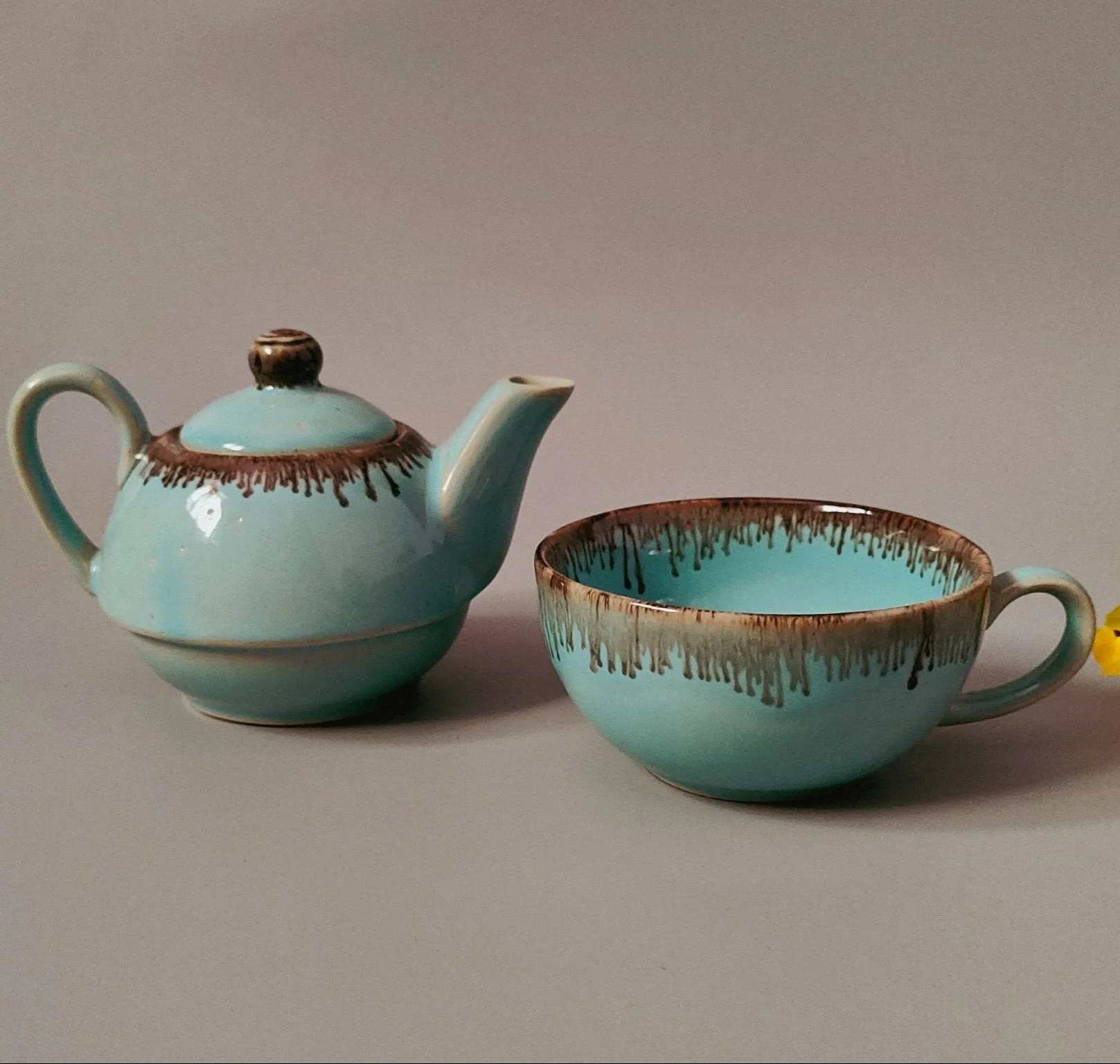 Ceramic Handcrafted Light Blue and Golden Kettle and Cup  Set |  Set of 1