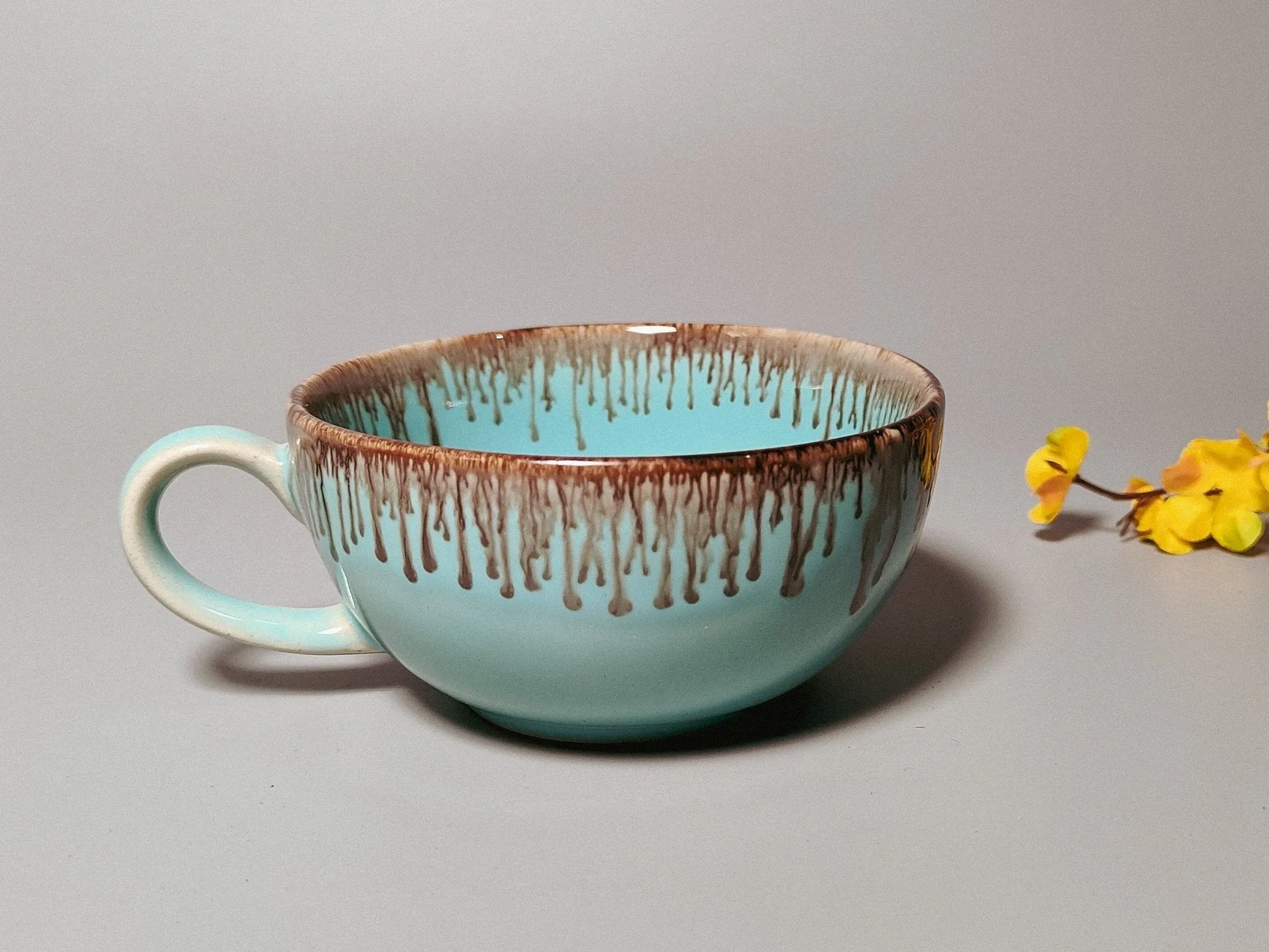 Ceramic Handcrafted Light Blue and Golden Kettle and Cup  Set |  Set of 1