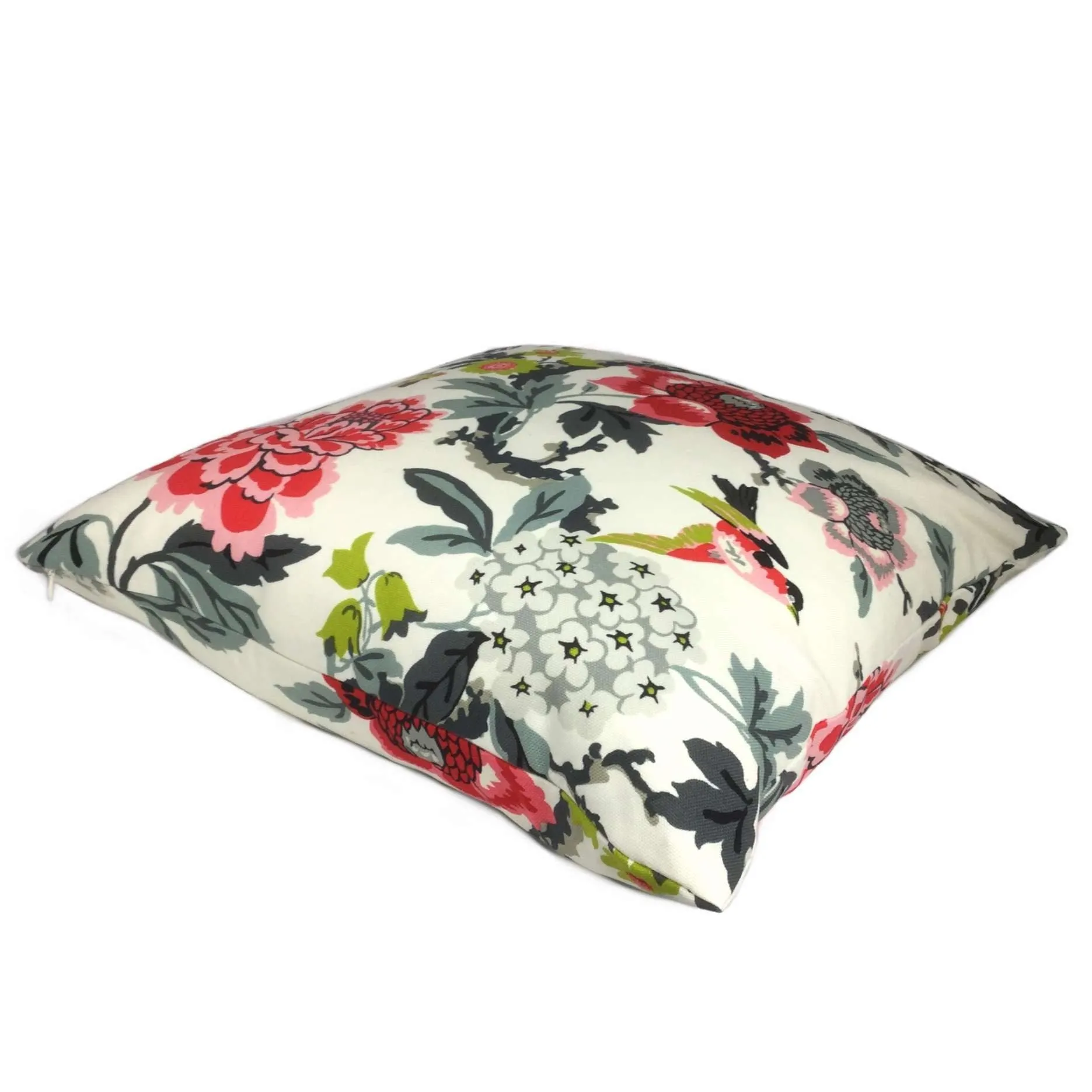 Chloe I Pink Gray Chartreuse Cream Floral Birds Cotton Print Pillow Cover