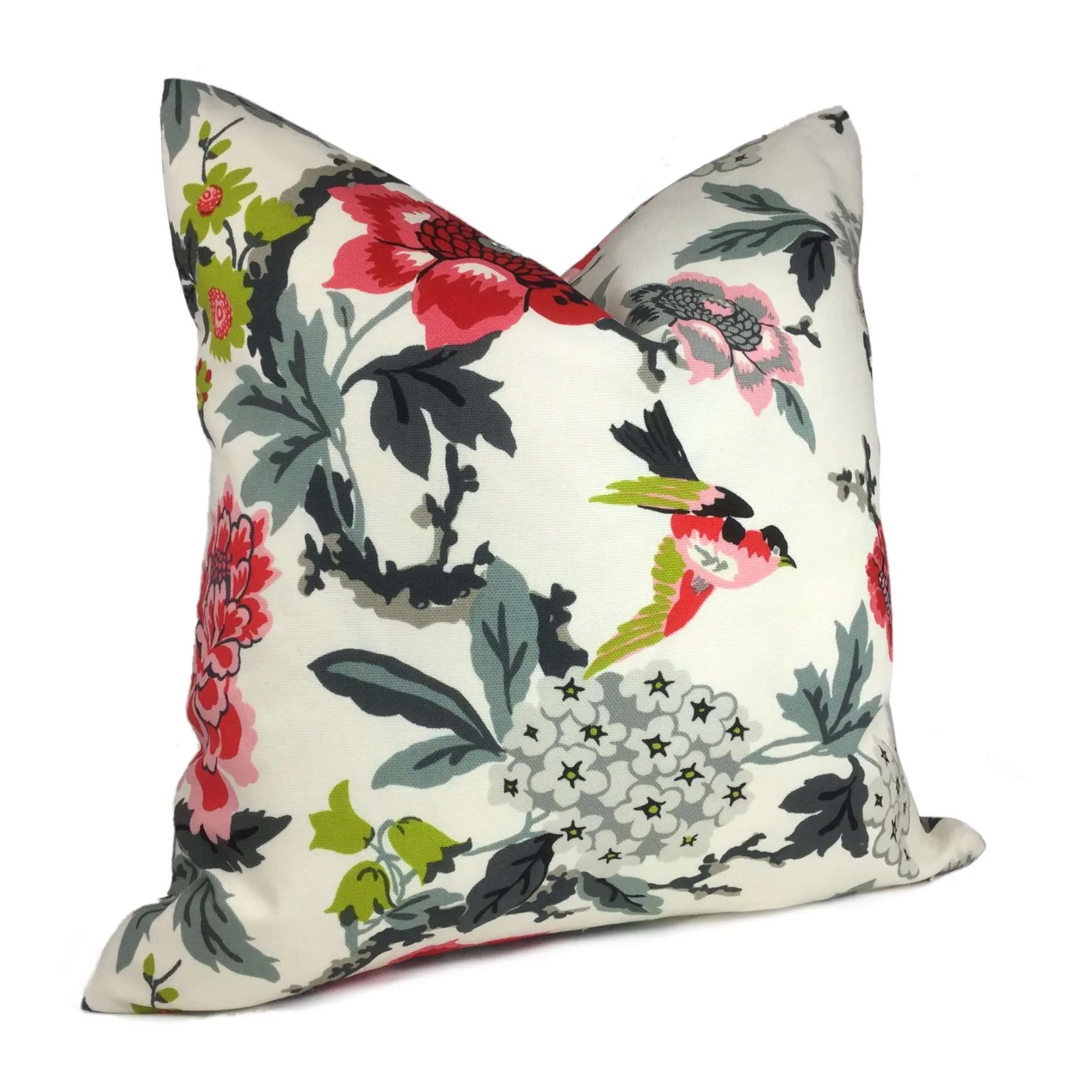 Chloe I Pink Gray Chartreuse Cream Floral Birds Cotton Print Pillow Cover