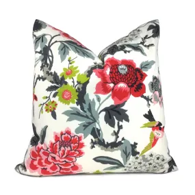 Chloe I Pink Gray Chartreuse Cream Floral Birds Cotton Print Pillow Cover