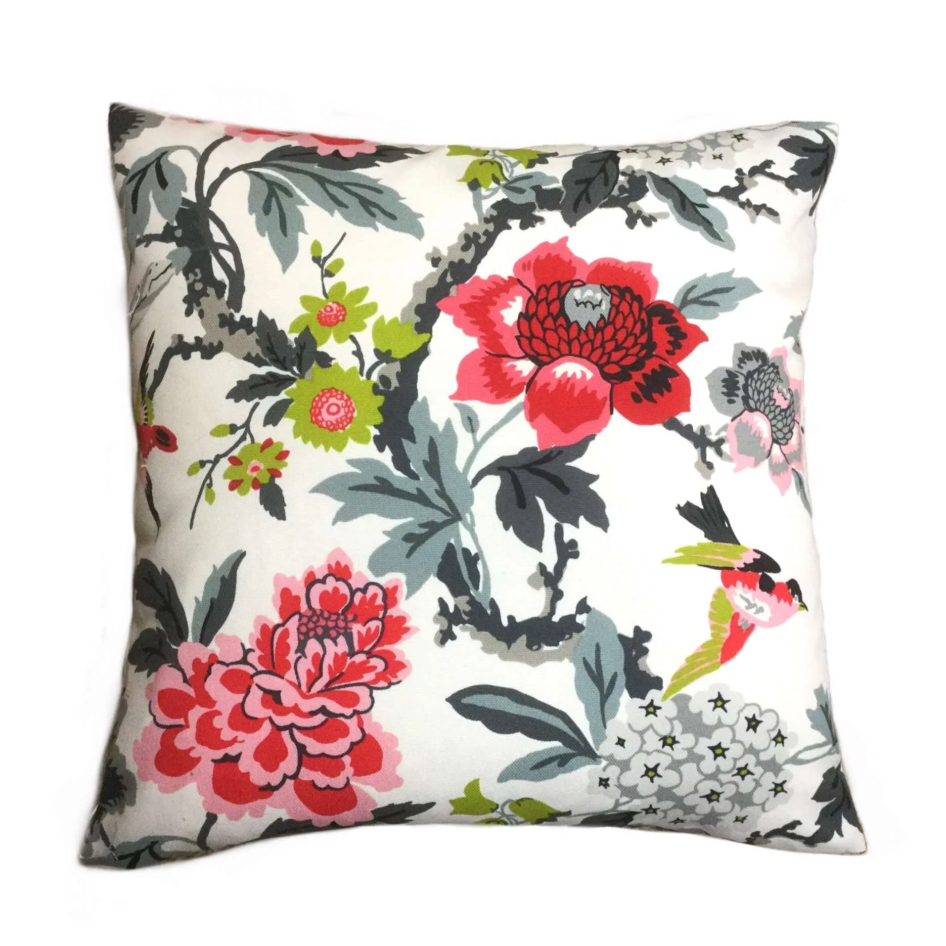 Chloe I Pink Gray Chartreuse Cream Floral Birds Cotton Print Pillow Cover