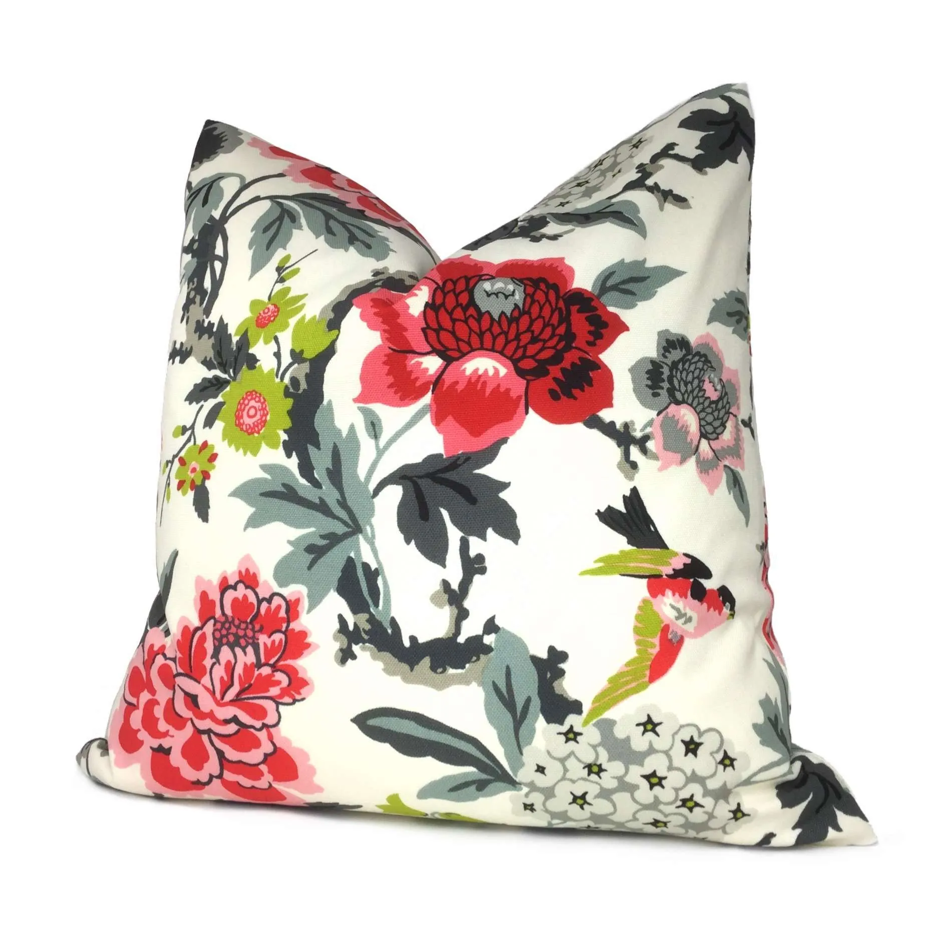 Chloe I Pink Gray Chartreuse Cream Floral Birds Cotton Print Pillow Cover