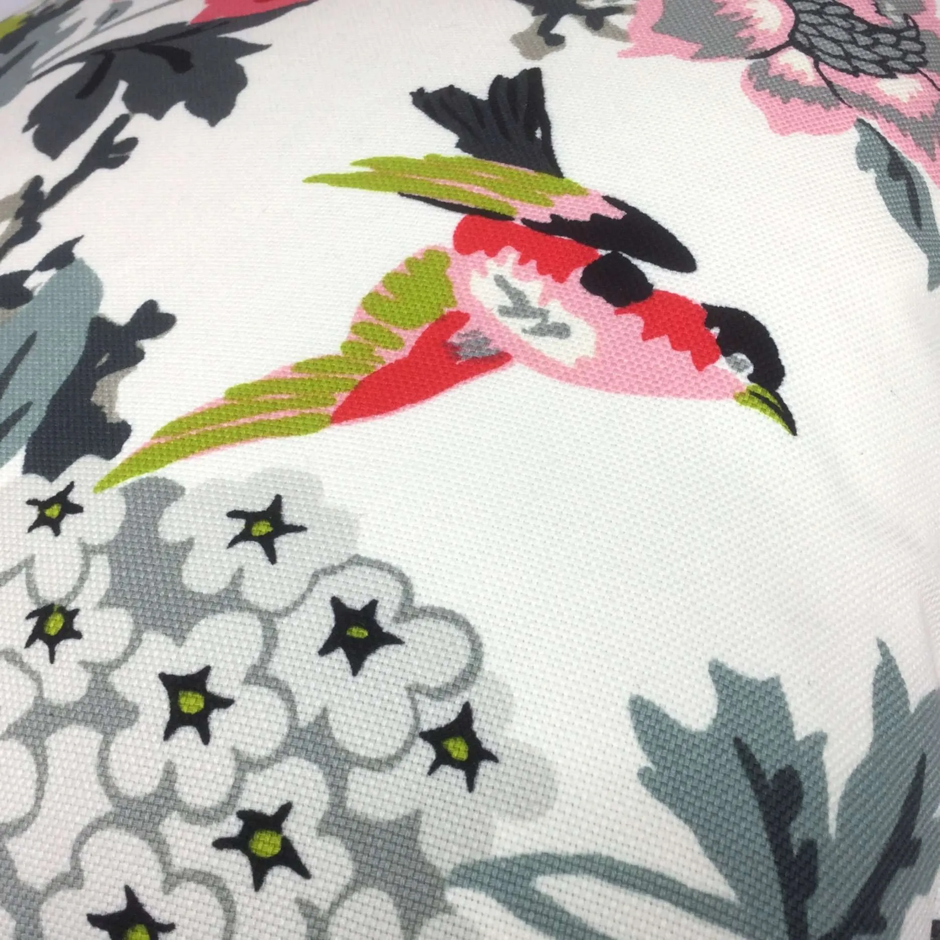 Chloe I Pink Gray Chartreuse Cream Floral Birds Cotton Print Pillow Cover